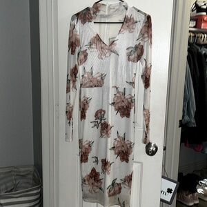 Women’s medium, floral fall color, sheer, long sleeve dress with built-in slip